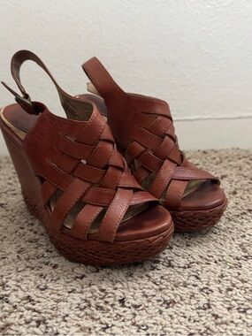Frye Vintage Cognac Woven Leather Slingback Wedge Sandals